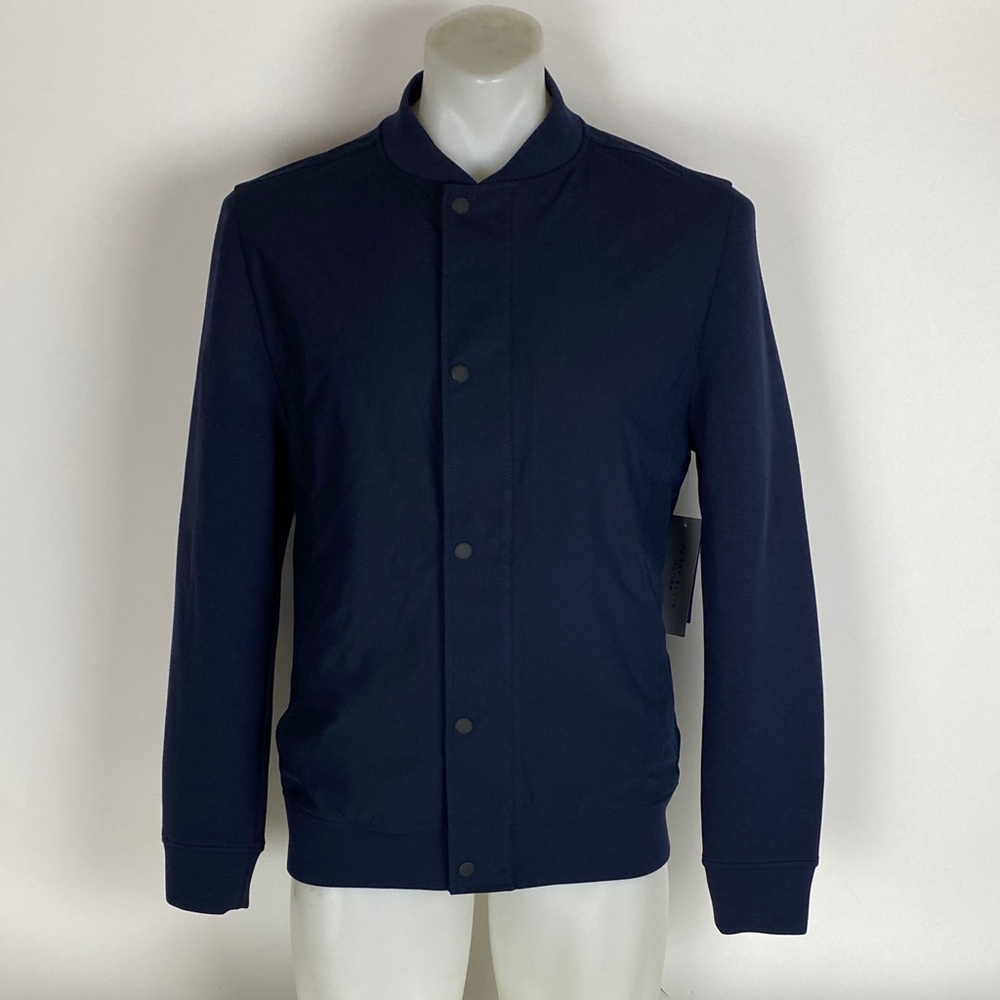New Perry Ellis Mens Dark Sapphire Blue Motion Snap Bomber Jacket SZ M - Picture 1 of 8